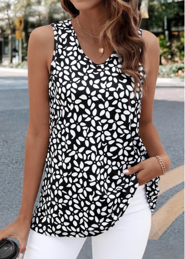 Modlily Black Geometric Print Sleeveless V Neck Tank Top - S