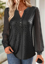 Modlily Black Jacquard Long Sleeve Split Neck Blouse - S