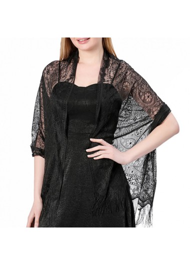 Modlily Black Lace Hollow Geometric Tassel Shawl - One Size