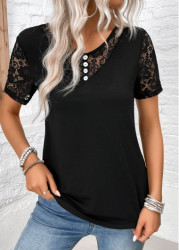 Modlily Black Lace Short Sleeve V Neck T Shirt - S