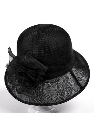 Modlily Black Lace Stitching Floral Bucket Hat - One Size