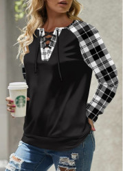 Modlily Black Lace Up Plaid Long Sleeve Round Neck Sweatshirt - M