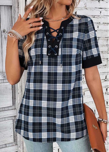 Modlily Black Lace Up Plaid Short Sleeve Blouse - M