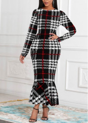 Modlily Black Mermaid Plaid Long Sleeve Round Neck Bodycon Dress - S