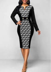 Modlily Black Patchwork Baroque Print Long Sleeve Bodycon Dress - S