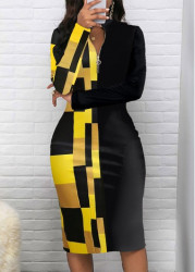 Modlily Black Patchwork Geometric Print Long Sleeve Bodycon Dress - XXL