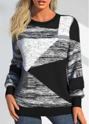 Modlily Black Patchwork Geometric Print Long Sleeve Round Neck Sweatshirt - M