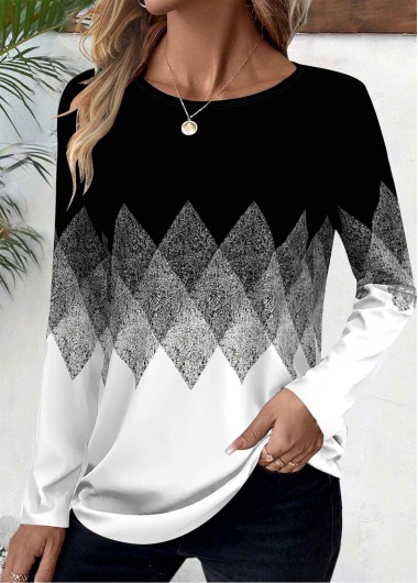 Modlily Black Patchwork Geometric Print Long Sleeve T Shirt - S