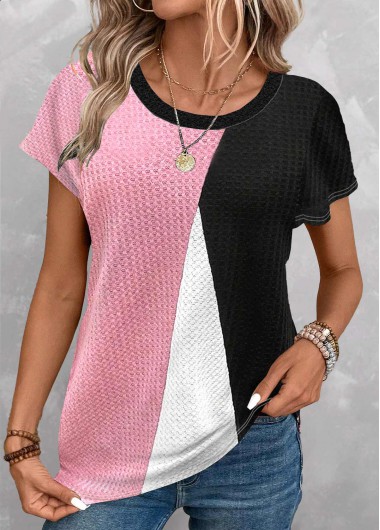 Modlily Black Patchwork Geometric Print Short Sleeve T Shirt - S