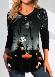 Modlily Black Patchwork Halloween Print Long Sleeve T Shirt - M