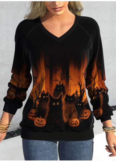 Modlily Black Patchwork Halloween Print Long Sleeve V Neck Sweatshirt - S