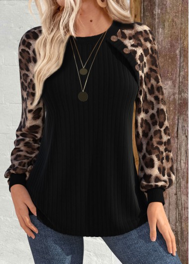 Modlily Black Patchwork Leopard Long Sleeve Round Neck Sweatshirt - S