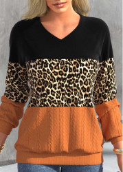 Modlily Black Patchwork Leopard Long Sleeve V Neck Sweatshirt - M