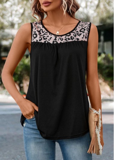 Modlily Black Patchwork Leopard Round Neck Tank Top - S