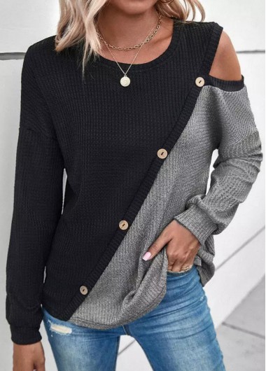 Modlily Black Patchwork Long Sleeve Round Neck Sweatshirt - S