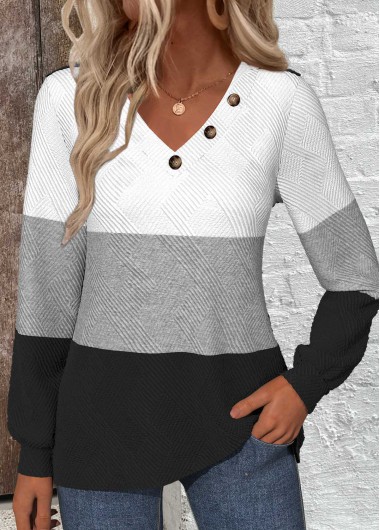 Modlily Black Patchwork Long Sleeve V Neck Sweatshirt - S