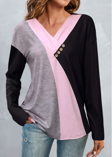 Modlily Black Patchwork Long Sleeve V Neck T Shirt - M