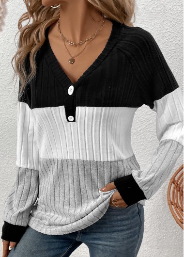 Modlily Black Patchwork Long Sleeve V Neck T Shirt - S