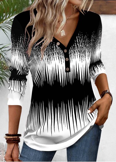 Modlily Black Patchwork Ombre Long Sleeve V Neck T Shirt - S