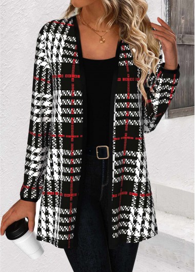 Modlily Black Patchwork Plaid Long Sleeve Coat - S