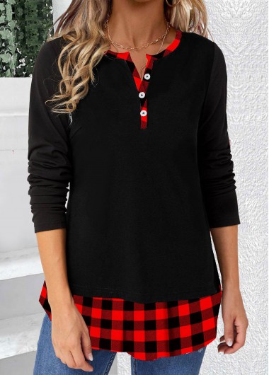 Modlily Black Patchwork Plaid Long Sleeve T Shirt - XL