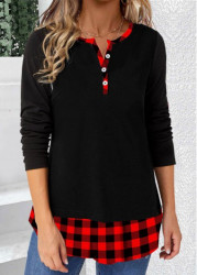 Modlily Black Patchwork Plaid Long Sleeve T Shirt - XL