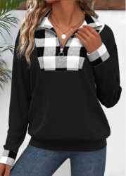 Modlily Black Patchwork Plaid Long Sleeve Turn Down Collar Sweatshirt - S