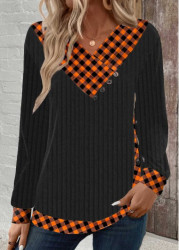 Modlily Black Patchwork Plaid Long Sleeve V Neck Sweatshirt - S