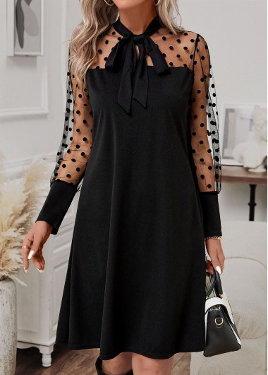 Modlily Black Patchwork Polka Dot Long Sleeve Dress - S