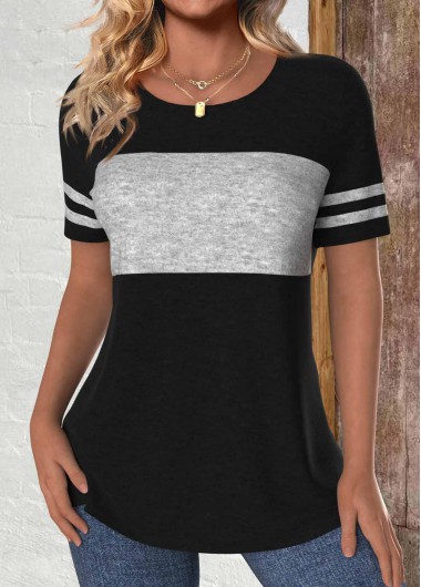 Modlily Black Patchwork Short Sleeve Round Neck T Shirt - S