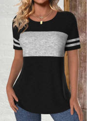 Modlily Black Patchwork Short Sleeve Round Neck T Shirt - S