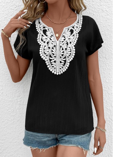 Modlily Black Patchwork Short Sleeve Split Neck T Shirt - S