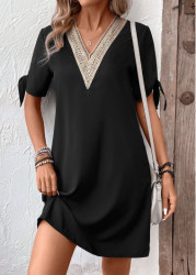 Modlily Black Patchwork Short V Neck Shift Dress - XS