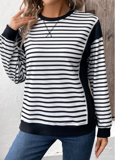 Modlily Black Patchwork Striped Long Sleeve Round Neck Sweatshirt - S