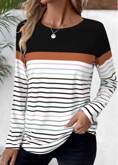 Modlily Black Patchwork Striped Long Sleeve Round Neck T Shirt - S