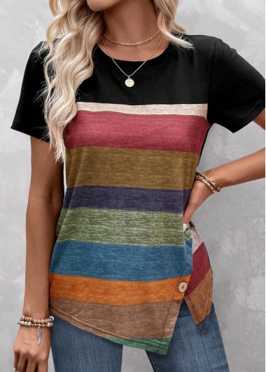 Modlily Black Patchwork Striped Short Sleeve T Shirt - S