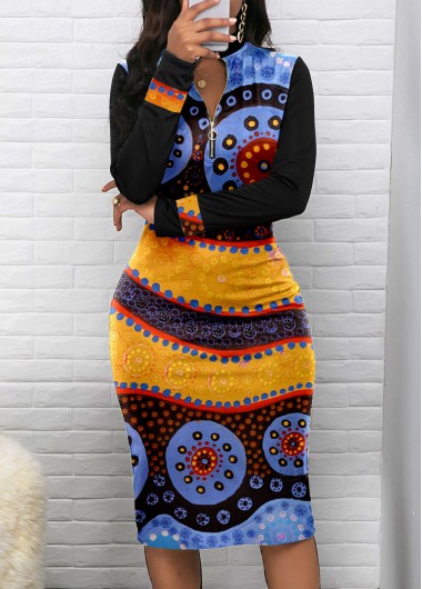 Modlily Black Patchwork Tribal Print Long Sleeve Bodycon Dress - XXL