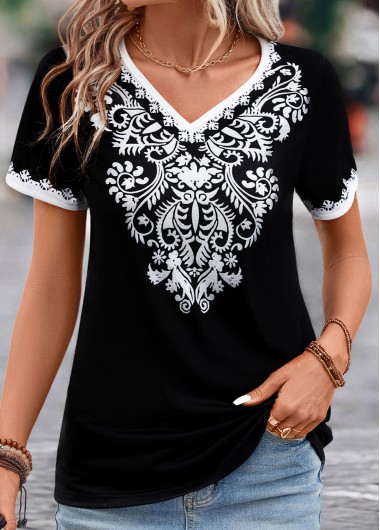 Modlily Black Patchwork Tribal Print Short Sleeve T Shirt - M