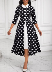 Modlily Black Pearl Fake 2in1 Polka Dot Dress - M