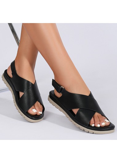 Modlily Black Peep PU Leather Toe Falt Sandals - 36