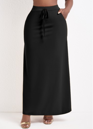 Modlily Black Pocket A Line Drawastring Maxi Skirt - 3XL