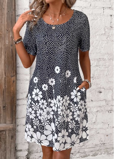 Modlily Black Pocket Floral Print Short Round Neck Dress - XS