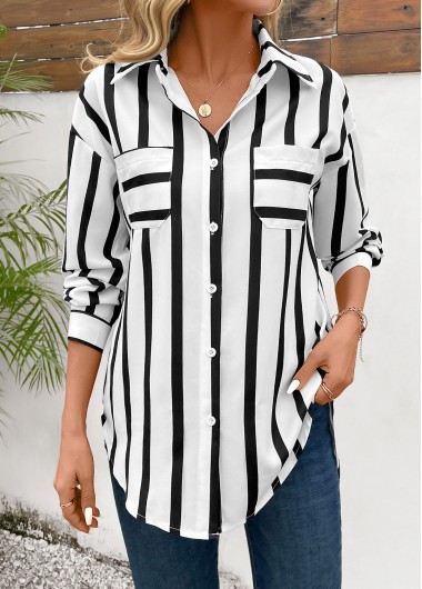 Modlily Black Pocket Striped Long Sleeve Shirt Collar Blouse - S