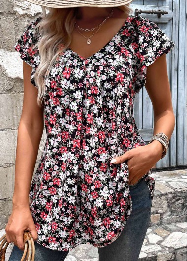 Modlily Black Ruched Floral Print Short Sleeve T Shirt - S