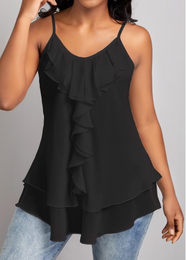 Modlily Black Ruffle Strappy Scoop Neck Camisole Top - S