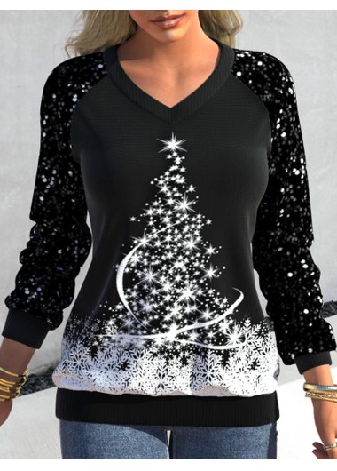 Modlily Black Sequin Christmas Tree Print Long Sleeve Sweatshirt - L