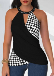 Modlily Black Sequin Geometric Print Sleeveless Halter Tank Top - S