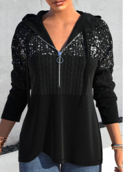 Modlily Black Sequin Long Sleeve Asymmetric Hem Hoodie - S