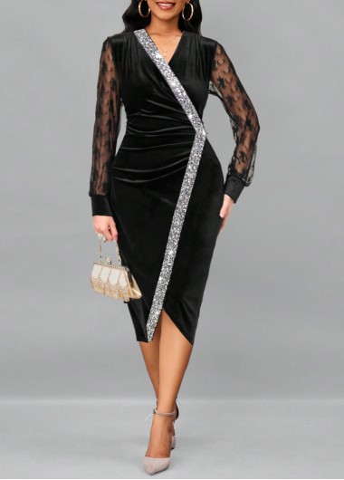 Modlily Black Sequin Long Sleeve V Neck Dress - S