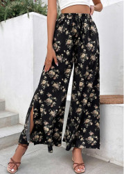 Modlily Black Split Ditsy Floral Print Flare Leg Pants - S